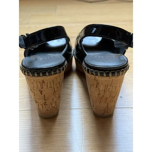 STUART WEITZMAN Wedge Womens 7 M Black Patent Leather Shoes Sling back Open Toe - Picture 5 of 9